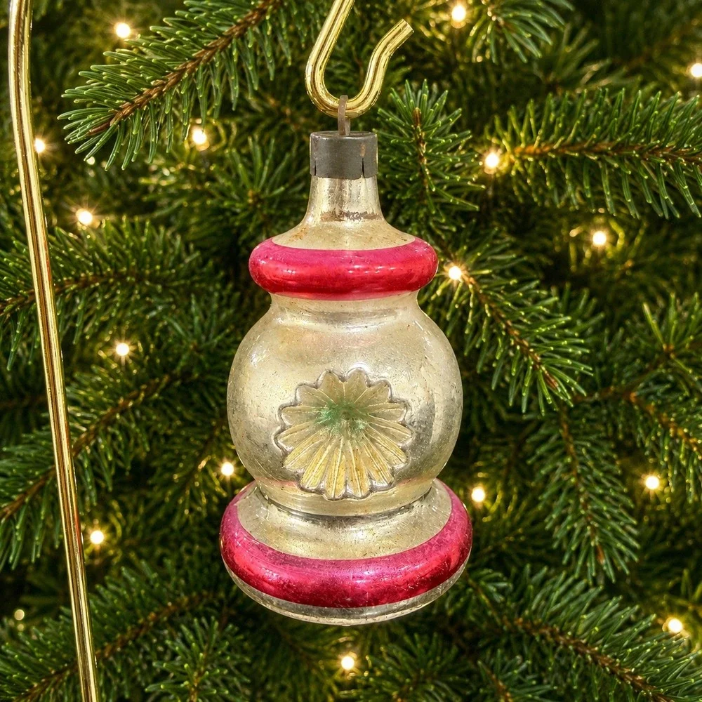 Set of 2 Premier Mercury Glass Double Indent Lantern Christmas Ornaments  1950's